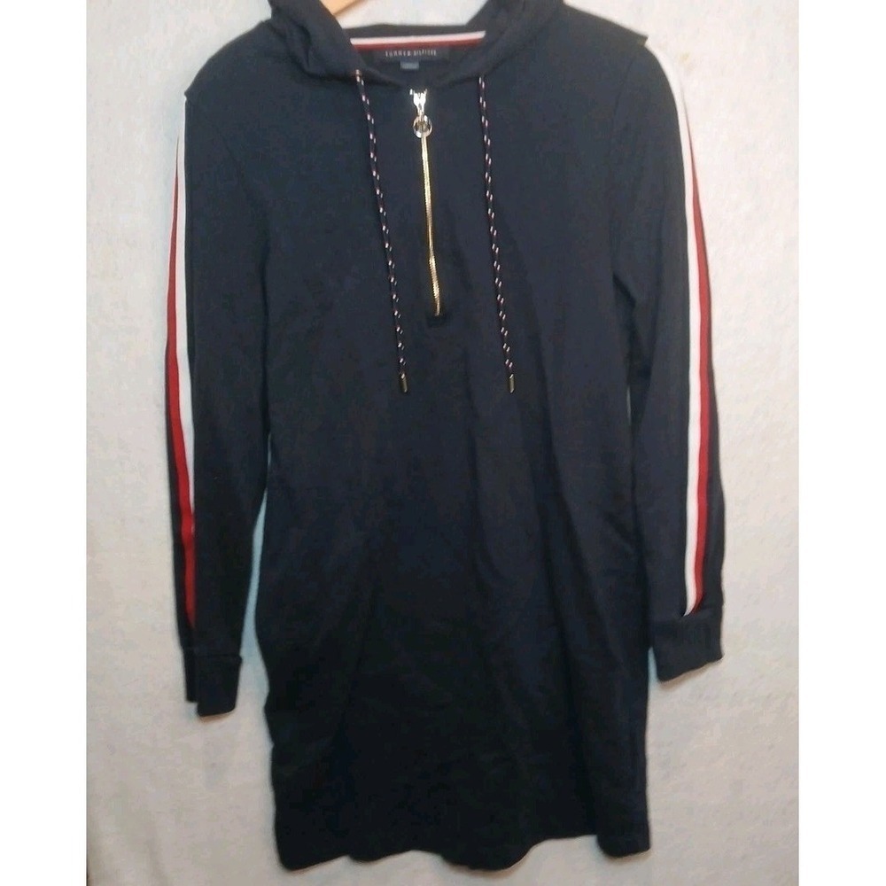 Tommy Hilfiger Womens Navy Blue Quarter Zip Hoodie Dress Stripe Sleeve Small - Picture 2 of 11